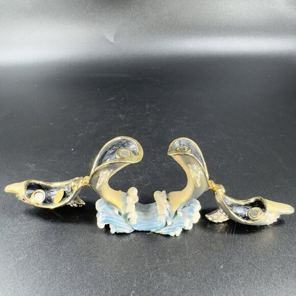 Vintage Enamel Hinged Lid Trinket Box Loving Dolphins Marked CR Metal Trinket - Picture 9 of 13